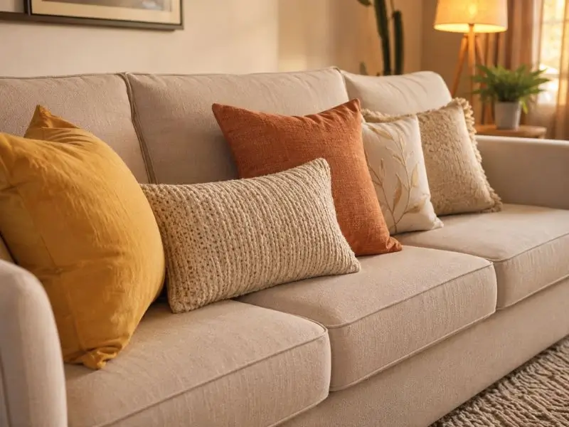 Sofá com almofadas decorativas em tons neutros para renovar a sala