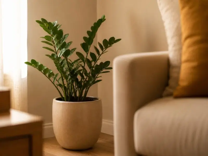 Planta decorativa em vaso no canto de uma sala aconchegante