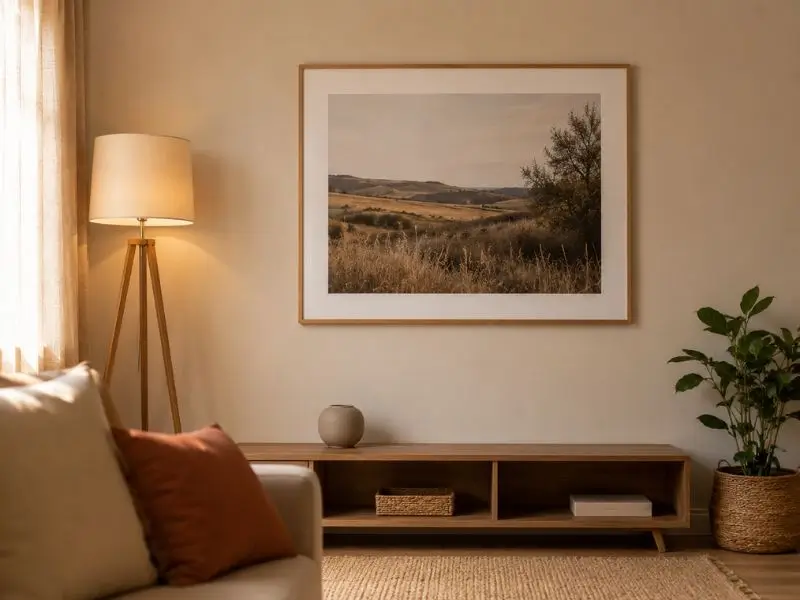 Quadros decorativos em parede de sala com estilo minimalista