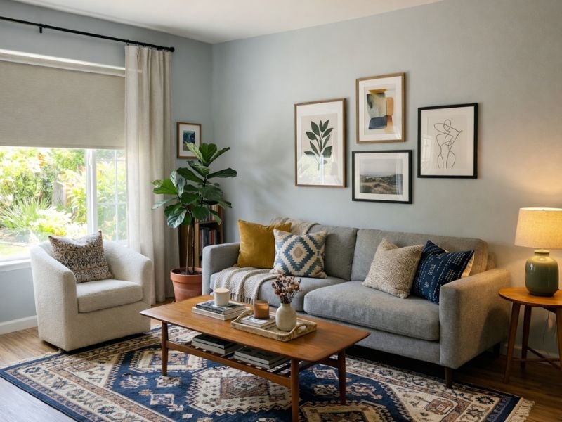 sala decorada de forma simples com almofadas e elementos acessíveis