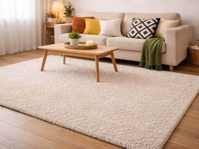 tapete para sala em decoração simples e econômica com sofá e almofadas