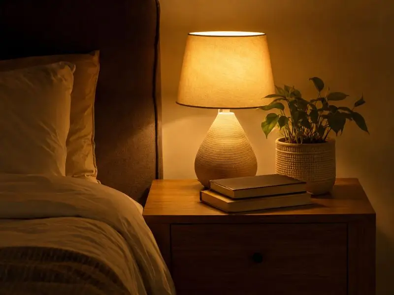 Abajur com luz amarelada sobre mesa de cabeceira criando um ambiente acolhedor no quarto.