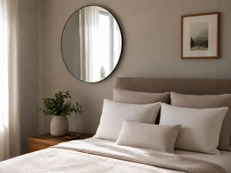 Espelho redondo, quadro decorativo e planta sobre criado-mudo compondo uma decoração minimalista no quarto.