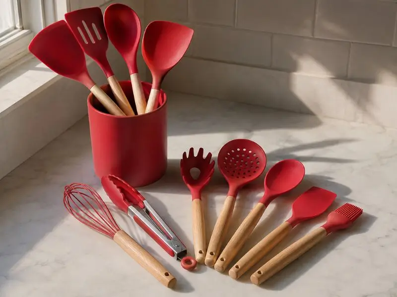 Kit de utensílios de silicone para cozinha com cabo de bambu