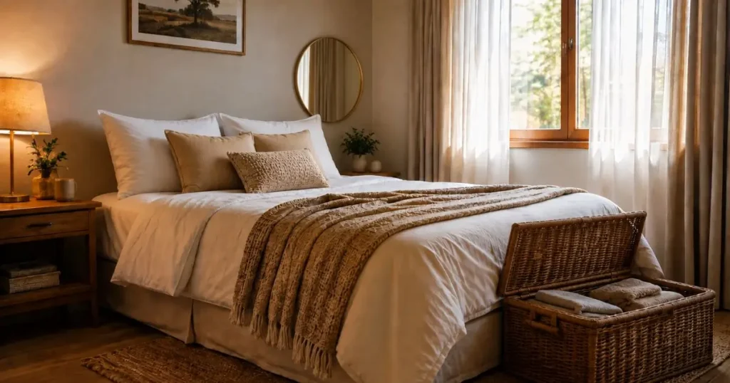 Quarto elegante gastando pouco com cama arrumada em tons neutros, iluminação aconchegante e decoração simples.