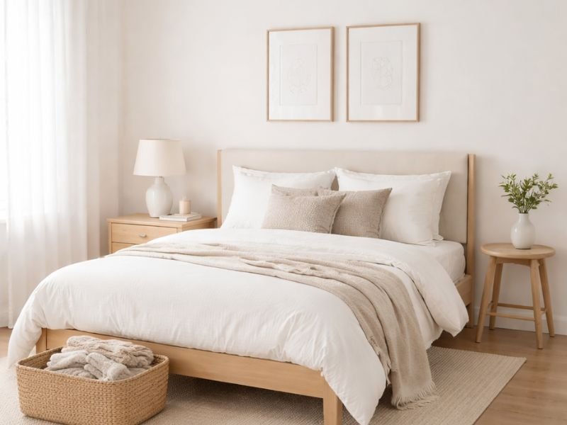 Quarto elegante gastando pouco mostrando como pequenas mudanças melhoram o ambiente com organização e iluminação