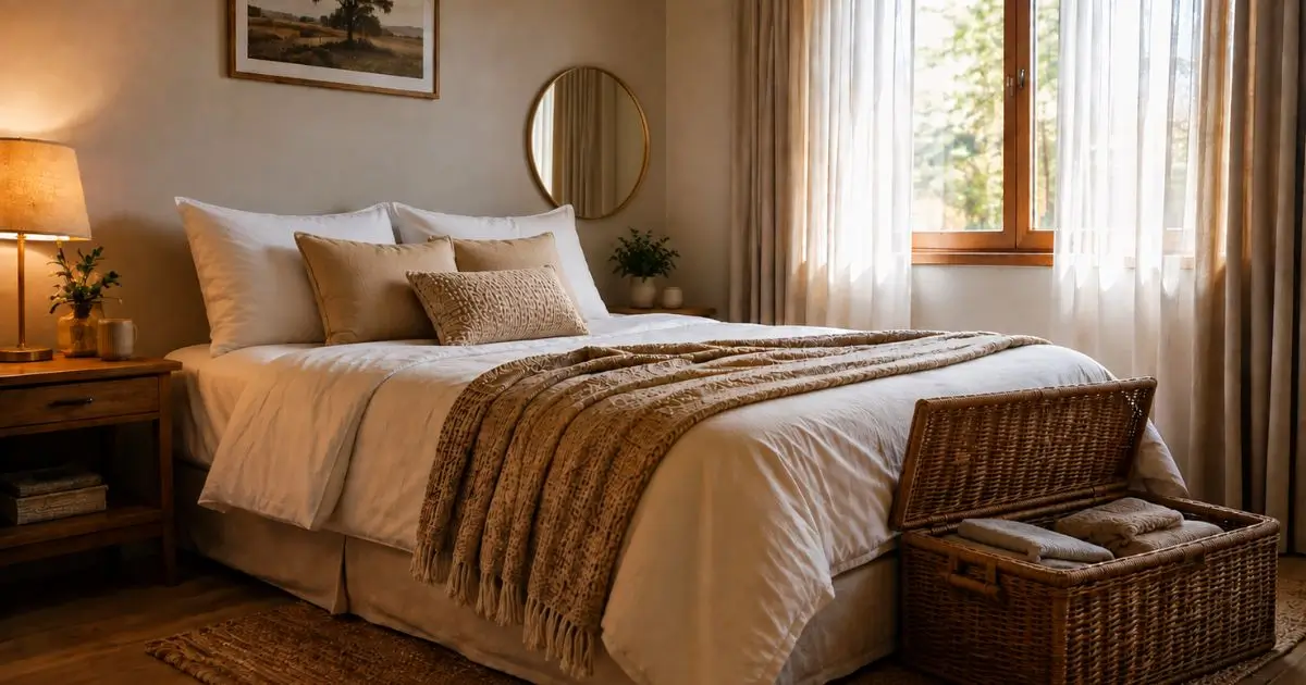 Quarto elegante gastando pouco com cama arrumada em tons neutros, iluminação aconchegante e decoração simples.