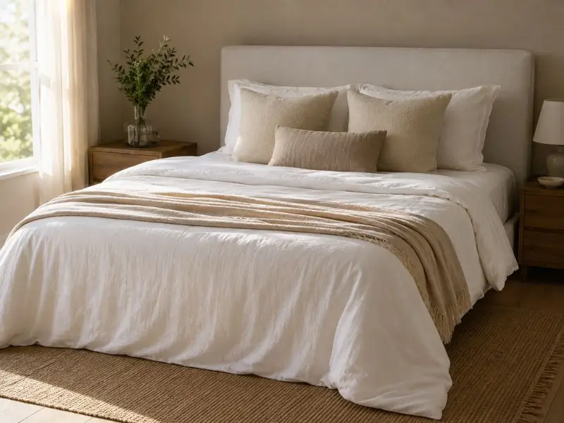 Cama com roupa de cama em tons neutros, almofadas decorativas e visual elegante e minimalista.