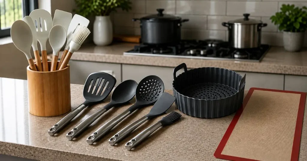 Utensílios de silicone para cozinha organizados sobre bancada moderna