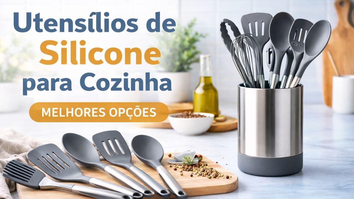 utensílios de silicone para cozinha organizados sobre bancada moderna