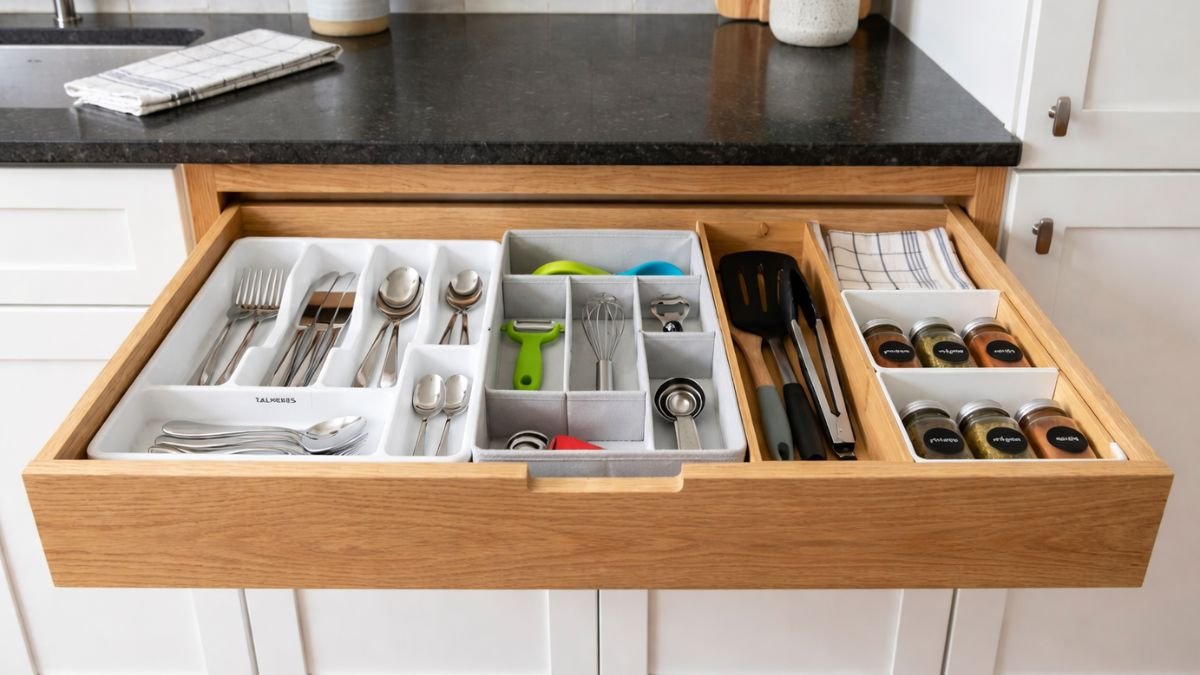 Organizar gavetas da cozinha com porta-talheres, organizador de gavetas e divisórias organizadoras 
