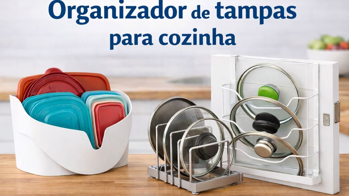 Organizador de tampas para panelas e potes no armário da cozinha