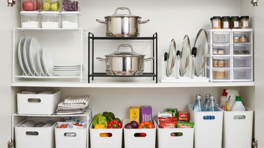 organizador de armário de cozinha com prateleiras e cestos organizadores