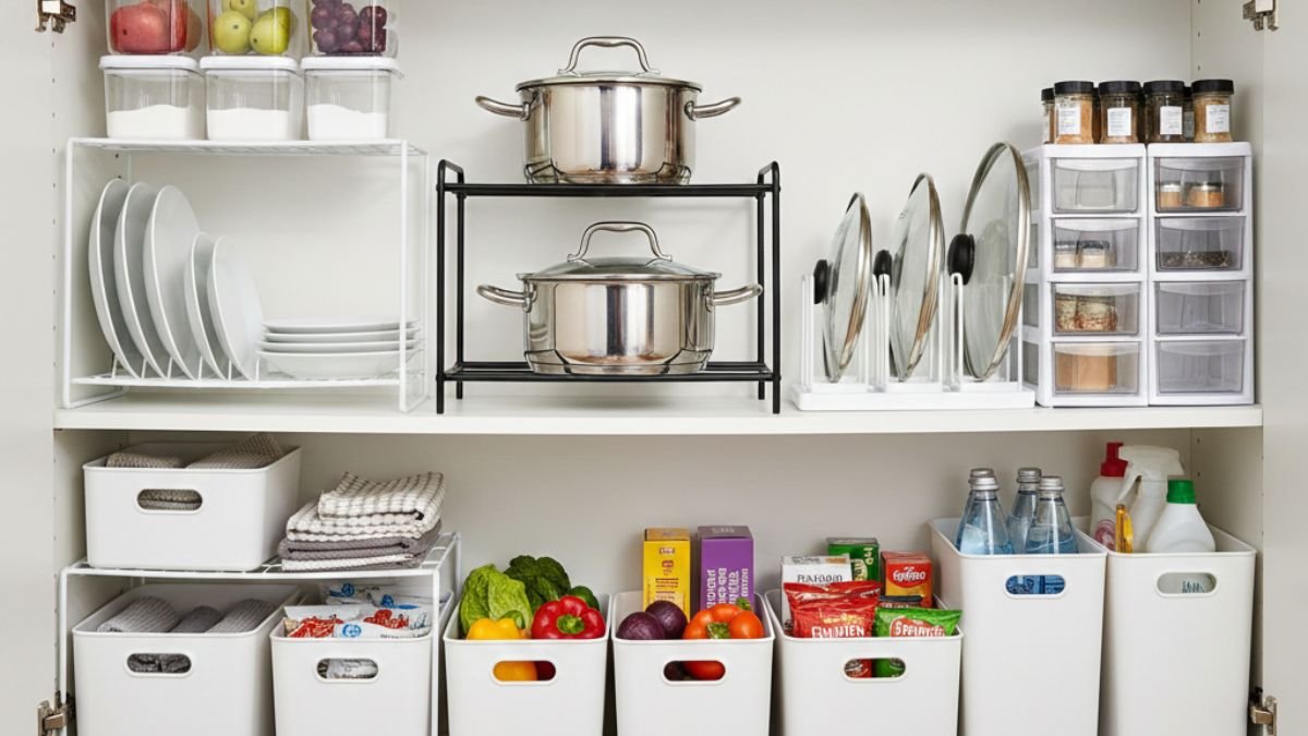 organizador de armário de cozinha com prateleiras e cestos organizadores