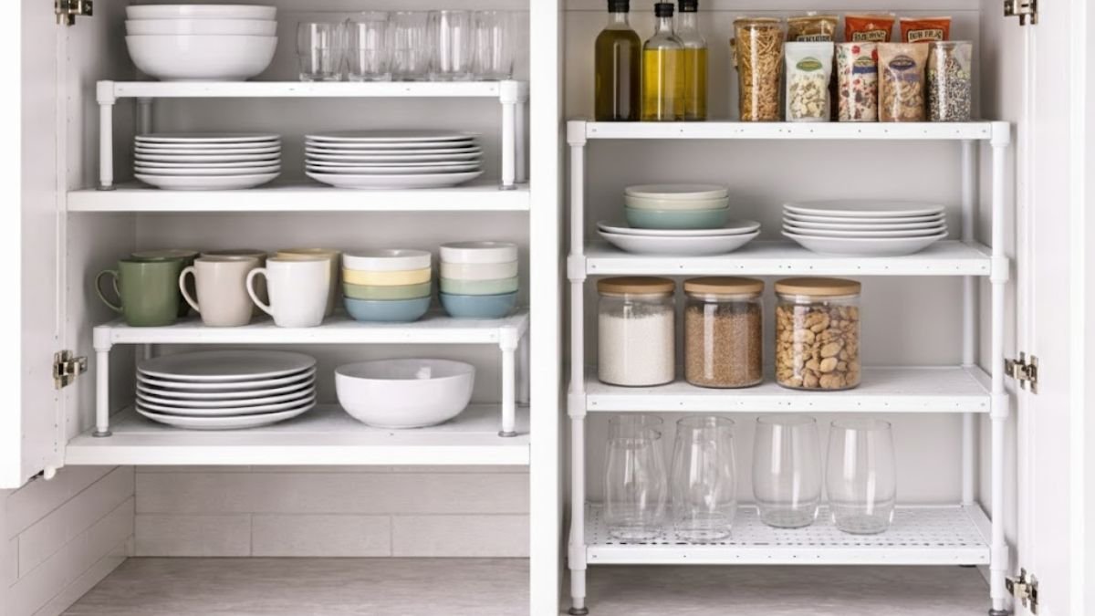Prateleira organizadora de armário de cozinha com pratos e copos organizados