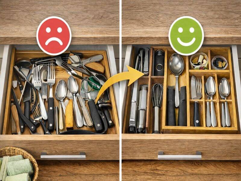 Gaveta de cozinha bagunçada comparada com gaveta organizada com divisórias