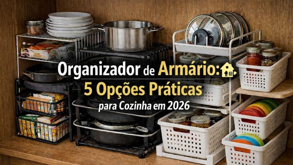 Organizador de armário para cozinha com prateleiras, cestos e panelas organizadas