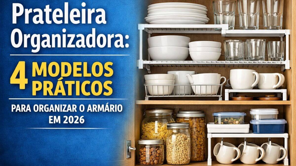 Prateleira organizadora no armário de cozinha com pratos, copos e utensílios bem organizados