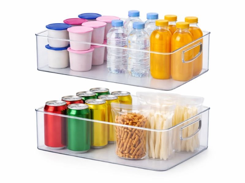 caixa organizadora transparente para geladeira com alimentos organizados