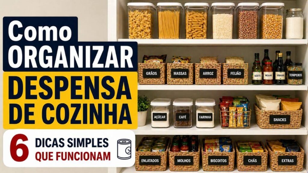 como organizar despensa de cozinha com alimentos organizados em potes, cestos e prateleiras bem distribuídas