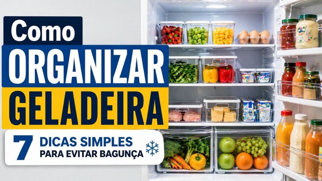 como organizar geladeira com alimentos organizados em potes e prateleiras bem distribuídas