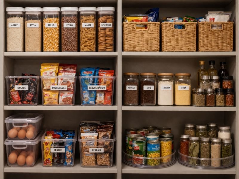 despensa organizada com alimentos em potes e cestos organizadores