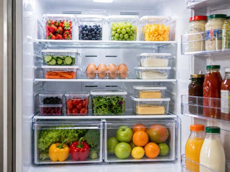 geladeira organizada com frutas, verduras e alimentos separados por categorias em potes transparentes