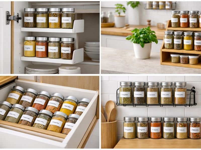 ideias de como organizar temperos na cozinha em armário e gaveta