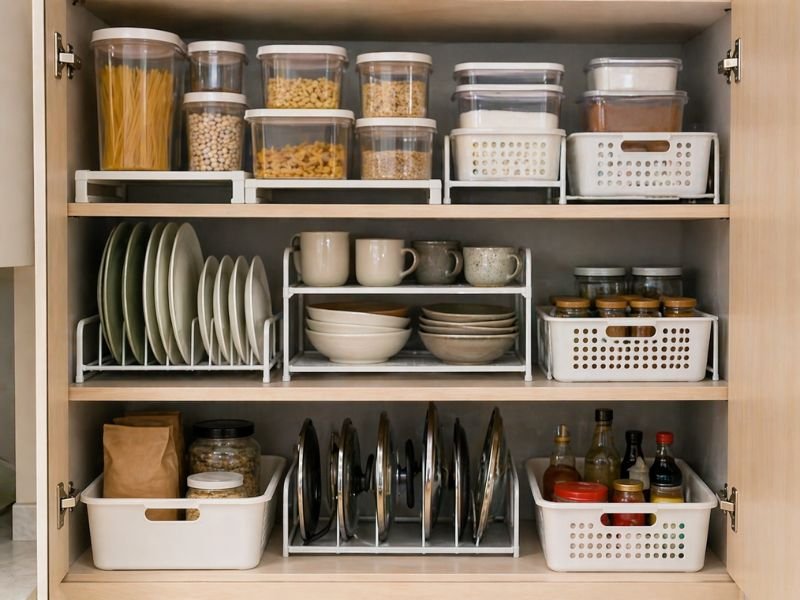 exemplo de organização de armário de cozinha pequeno com potes, cestos e prateleiras
