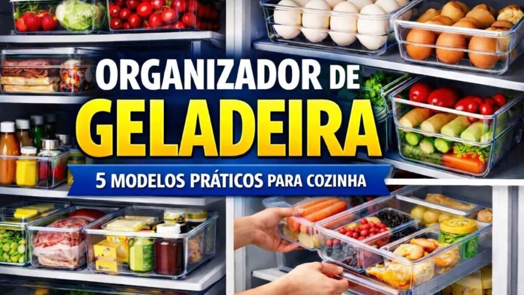 organizador de geladeira com alimentos organizados de forma prática na cozinha