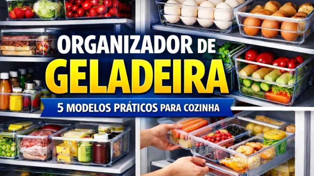 organizador de geladeira com diferentes modelos organizando alimentos