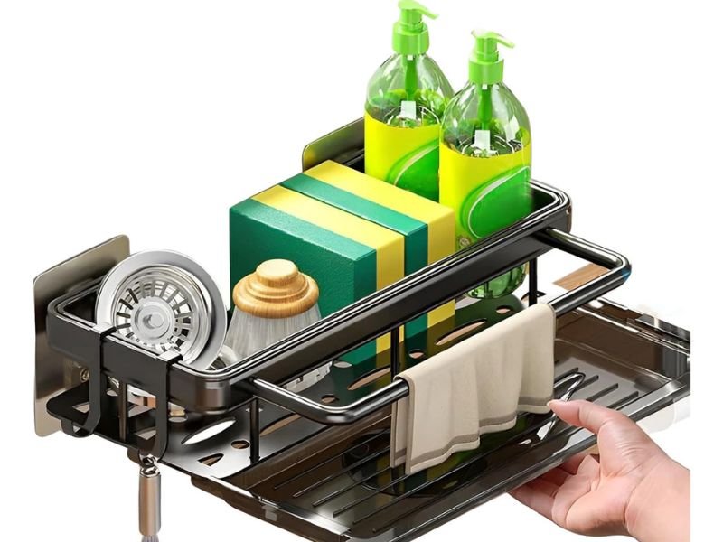 Organizador de pia de cozinha com bandeja para detergente e esponja organizados