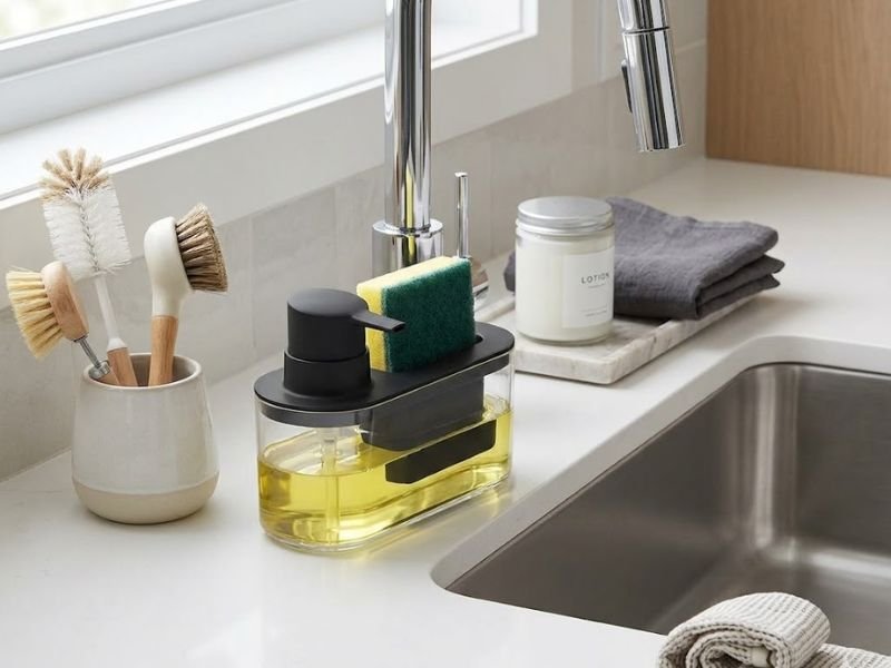 Suporte organizador de pia de cozinha para detergente e esponja compacto