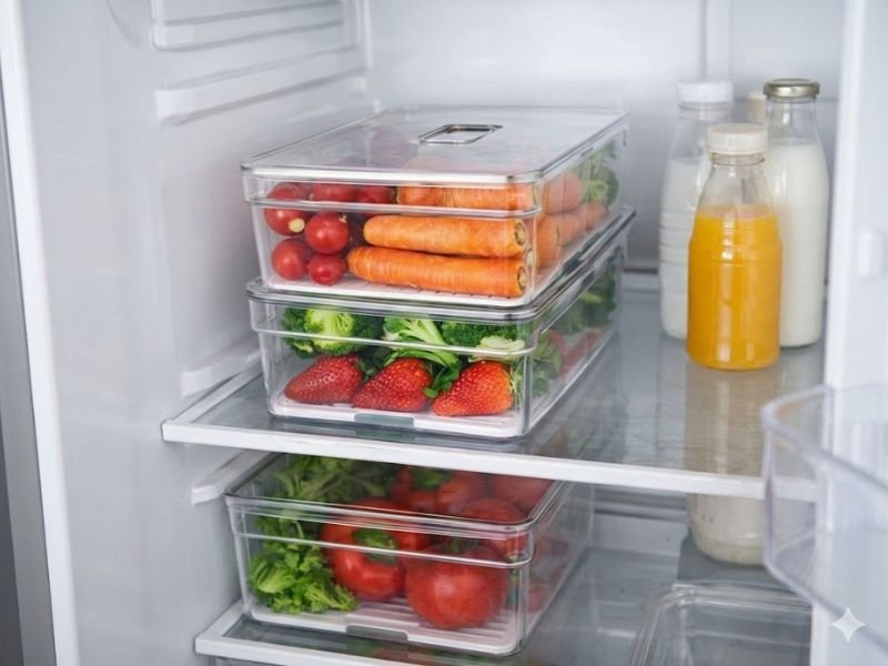 organizador de geladeira empilhável aproveitando espaço interno