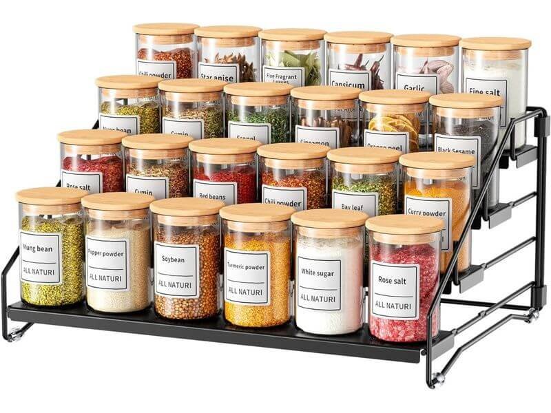 Organizador de temperos modular ajustável com potes organizados em bancada ou armário