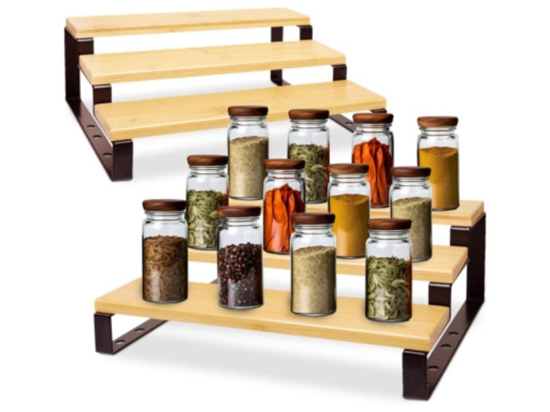 Organizador de temperos modular ajustável com potes organizados em bancada ou armário