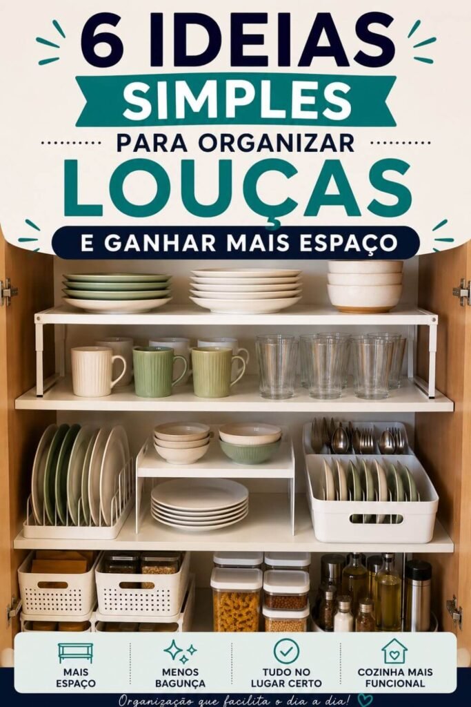 6 ideias simples para organizar louças no armário e ganhar mais espaço na cozinha com organizadores internos e prateleiras funcionais