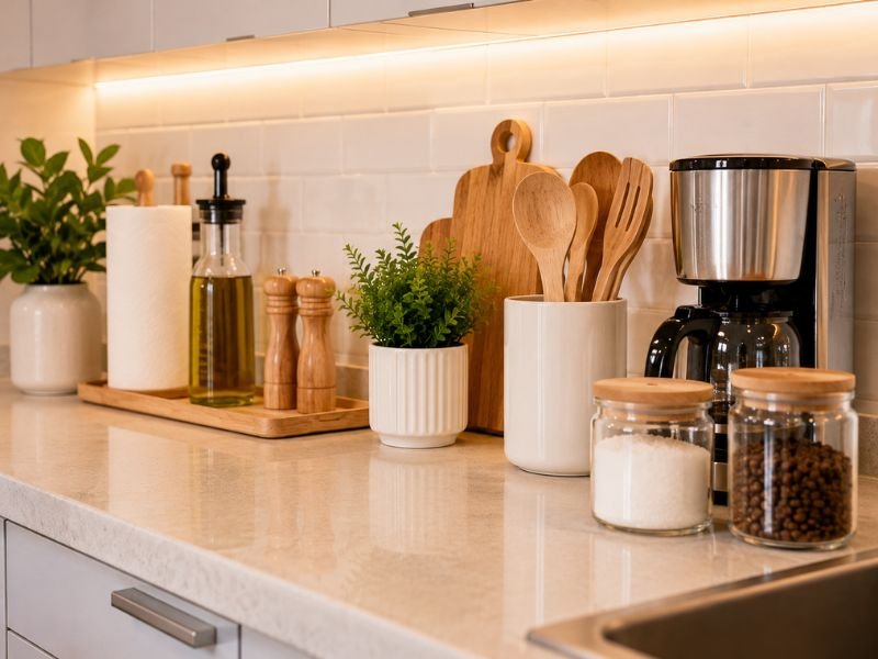 Bancada de cozinha organizada com utensílios, potes e decoração leve