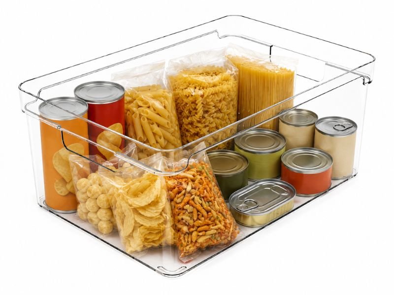 caixa organizadora transparente separando alimentos na despensa