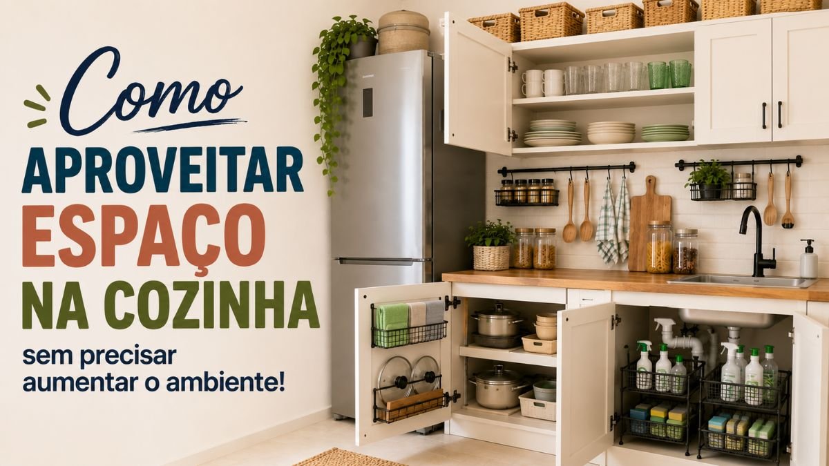 como aproveitar espaço na cozinha usando armários organizados, suportes nas paredes e organizadores abaixo da pia