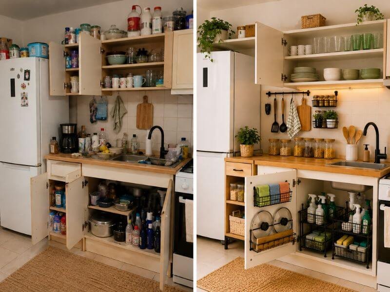 comparação entre cozinha bagunçada e cozinha organizada com melhor aproveitamento de espaço