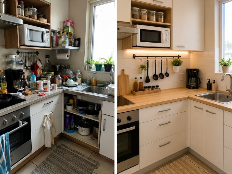 comparação entre cozinha pequena bagunçada e cozinha organizada com mais espaço