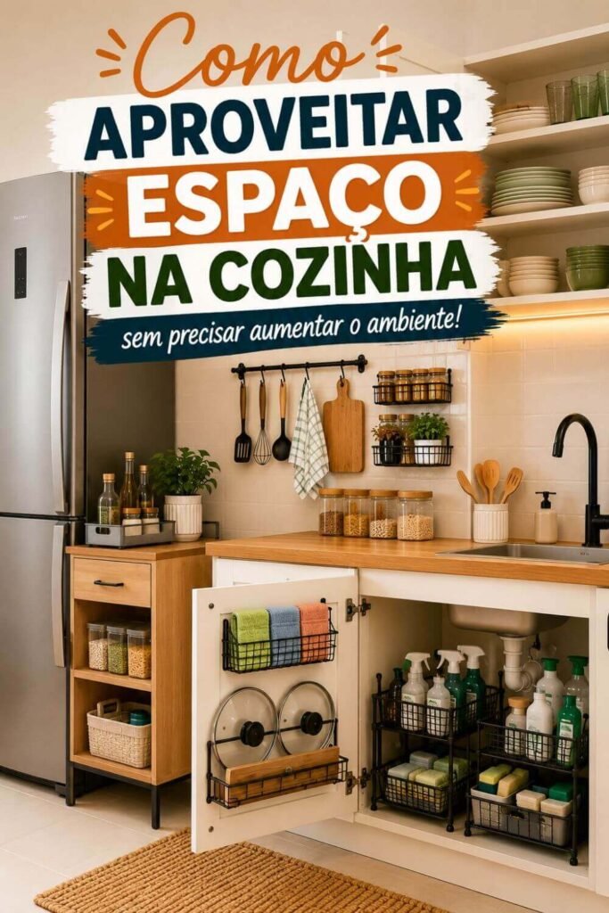 ideias para aproveitar melhor o espaço da cozinha usando organizadores, armários e áreas internas