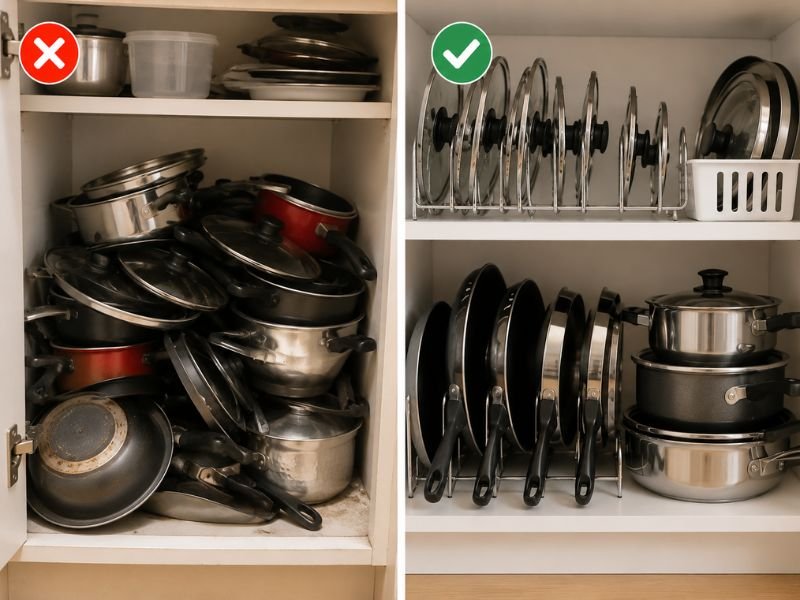 Organização de panelas antes e depois no armário da cozinha