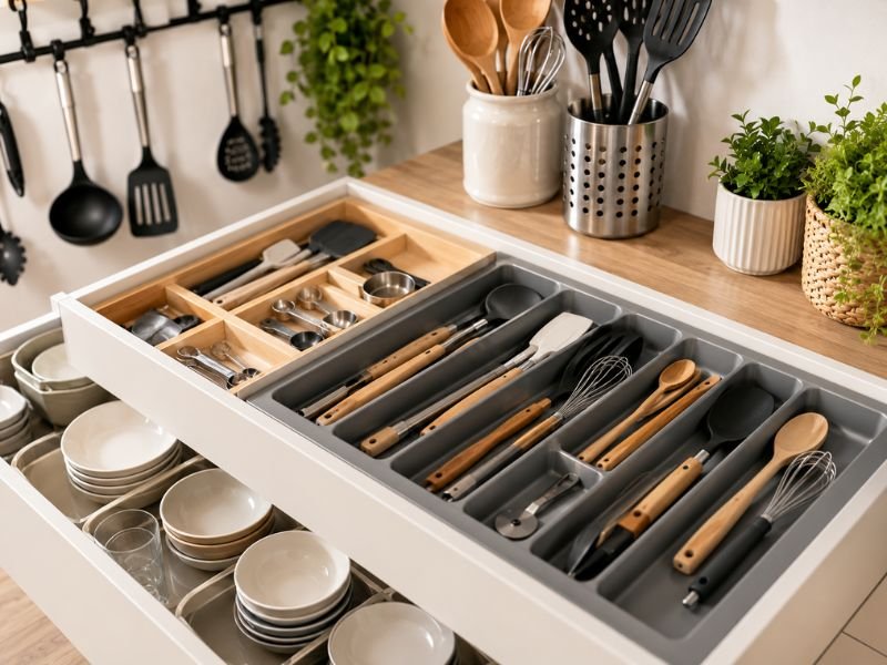 Utensílios organizados em gavetas com divisórias e suportes na cozinha