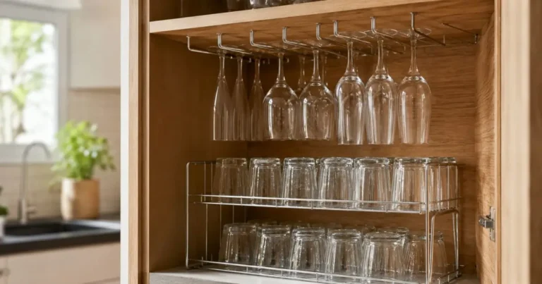 Organizador de copos para cozinha instalado em armário moderno com taças e copos organizados