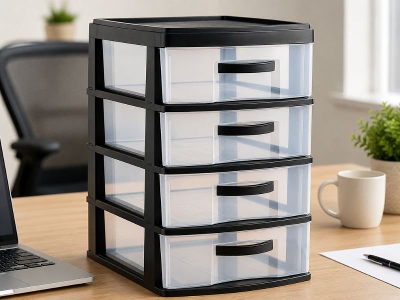 Organizador multiuso com gavetas organizando cápsulas, sachês e utensílios na cozinha