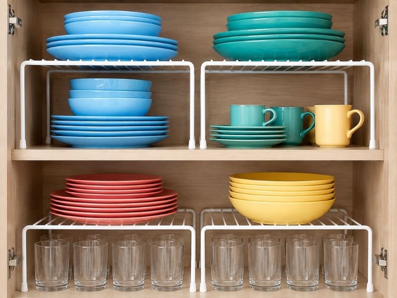 Organizador multiuso empilhável organizando pratos e potes dentro de armário de cozinha pequeno