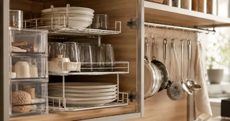 Organizador multiuso para cozinha instalado em armário moderno com utensílios e acessórios organizados