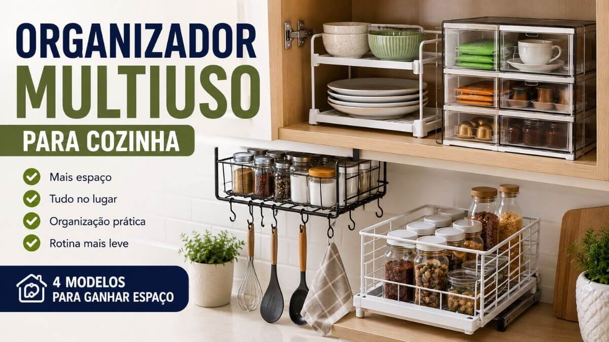 Organizador multiuso para cozinha instalado em armário moderno com utensílios e acessórios organizados